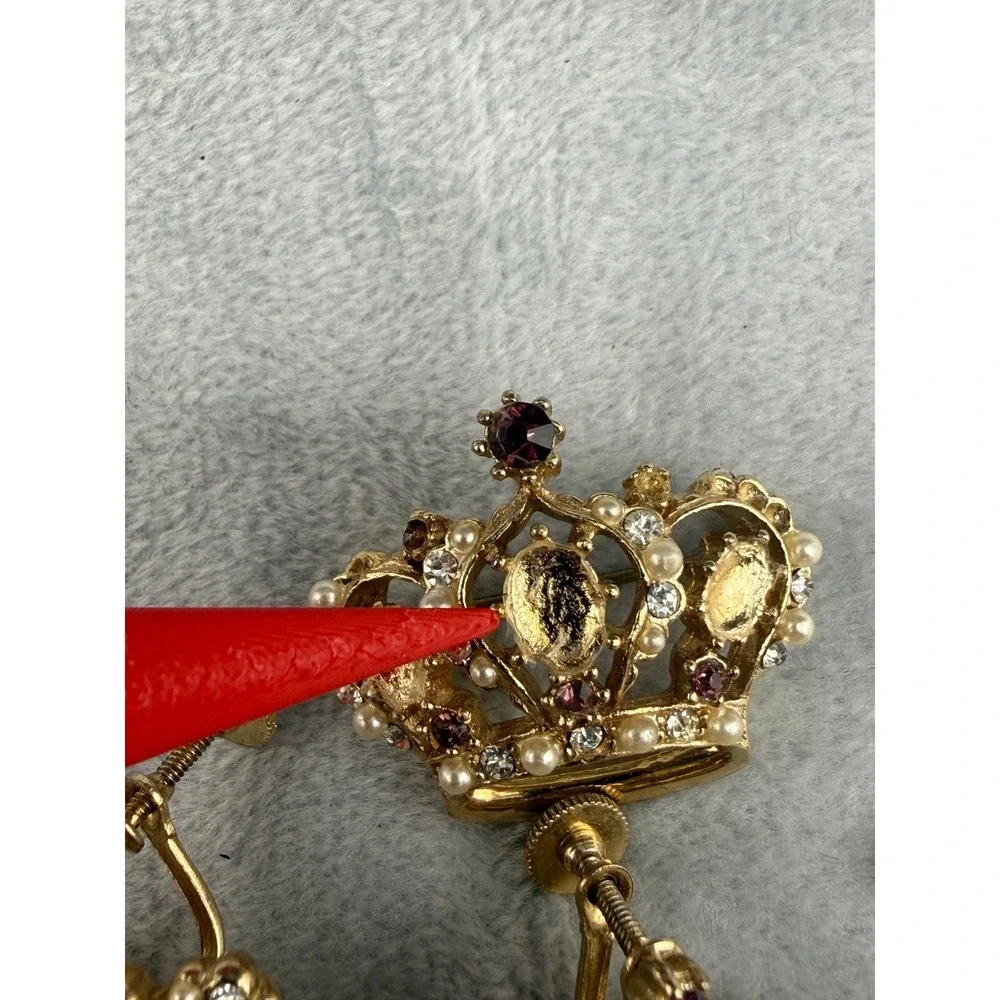 Vintage Crown Brooch Screw Back Earrings Set Rhinestone Pink‎